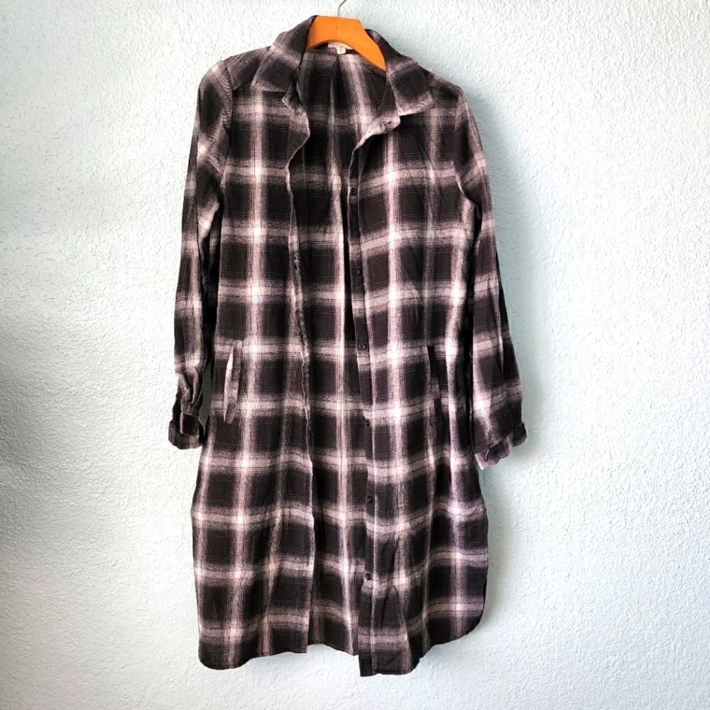 Luna plaid side pockets button down shirt duster dress